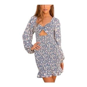 LULU'S See Me Bloom Dusty Blue Floral Print Smocked Long Sleeve Dress Size M